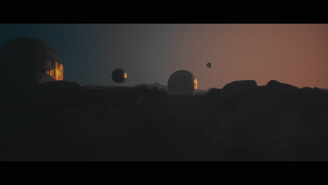 alien planet desert landscape during sunset with strange sphere-shaped buildings