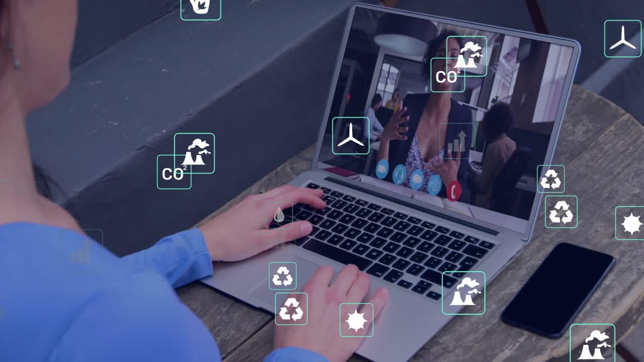 Man opening laptop to start call to discuss eco metrics, tracking gestures amid floating eco icons