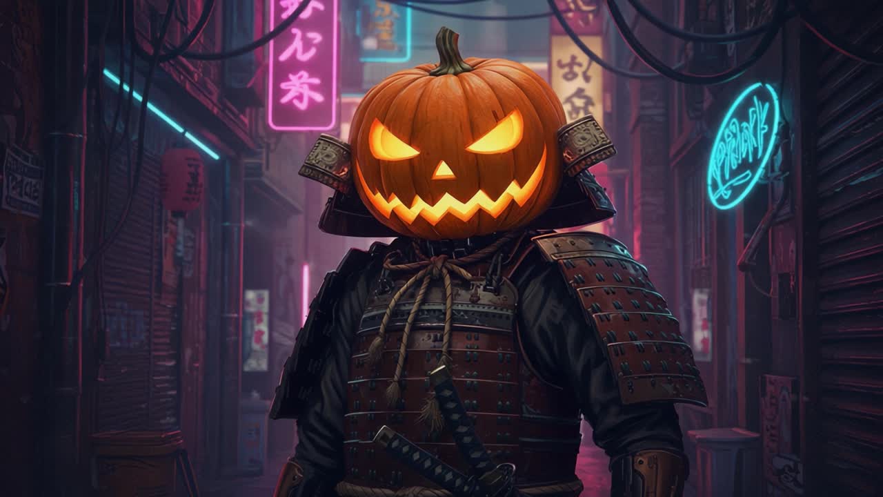 Tajemniczy samurajski wojownik z głową dyni stoi w neonowo oświetlonej uliczce, idealnie łącząc tradycyjny pancerz z duchem Halloween