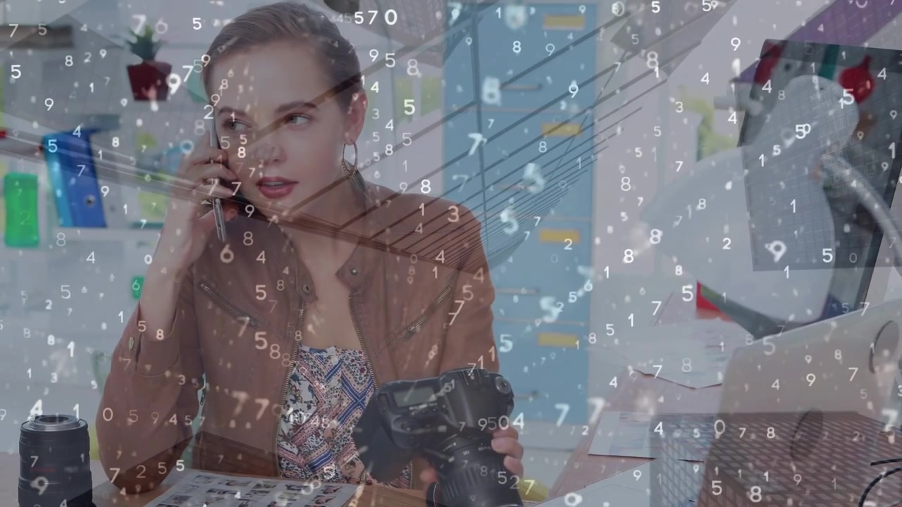 Animation of data processing over caucasian businesswoman at office