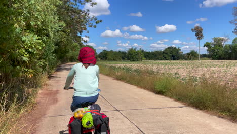 Una-Filmación-Dinámica-De-Una-Mujer-Que-Viaja-En-Bicicleta-Con-Alforjas-Y-Comestibles-En-La-Parte-Trasera