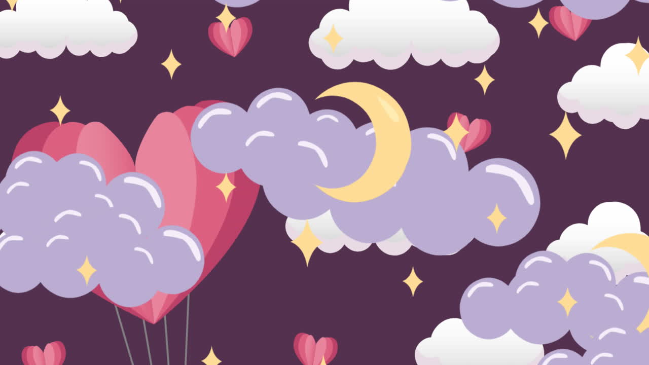 Animation of clouds and stars with moons over hearts on purple background