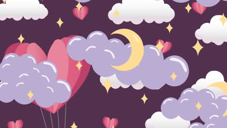 animation of clouds and stars with moons over hearts on purple background