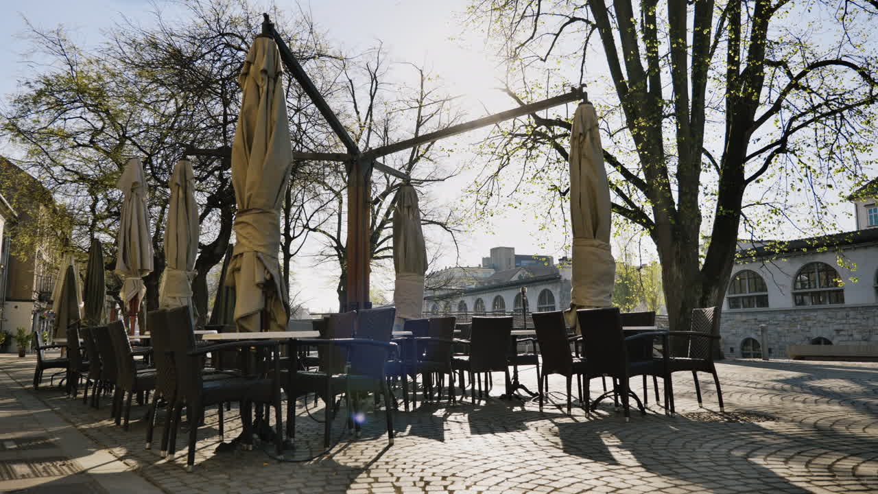 Empty Outdoor Cafe on a Sunny Spring Day