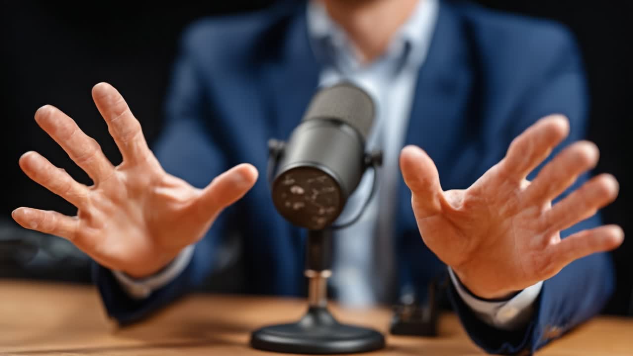 An Engaging Speaker Gesturing with Outstretched Hands Near a Microphone During a Dynamic Presentation or Podcast Session