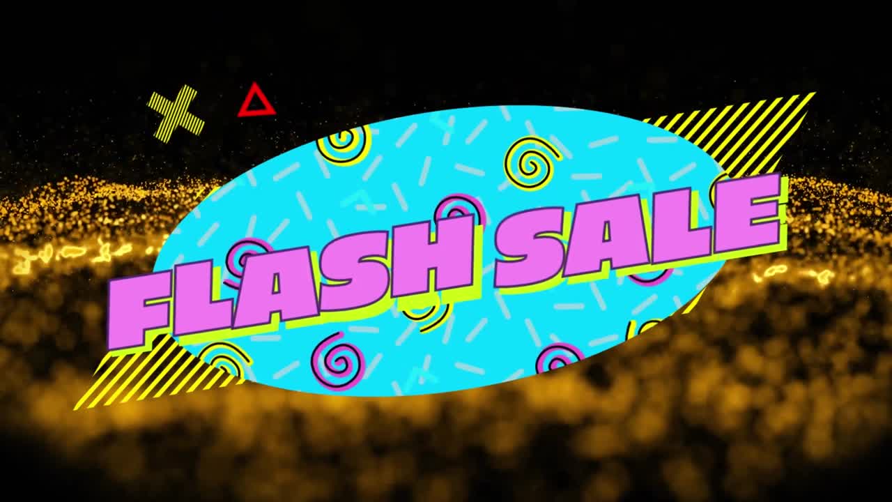 금색 다이내 물결 점 위에 추상적인 패턴으로 플래시 판매 텍스트의 애니메이션