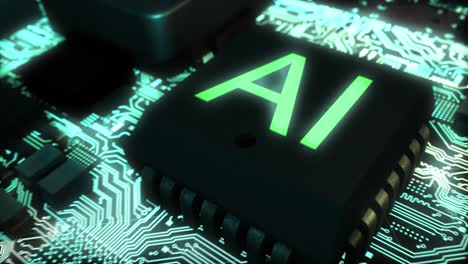 Stunning  high quality CGI render fly through of an integrated circuit board featuring a reveal of an AI chip with pale green glowing text and bright glowing teal circuits