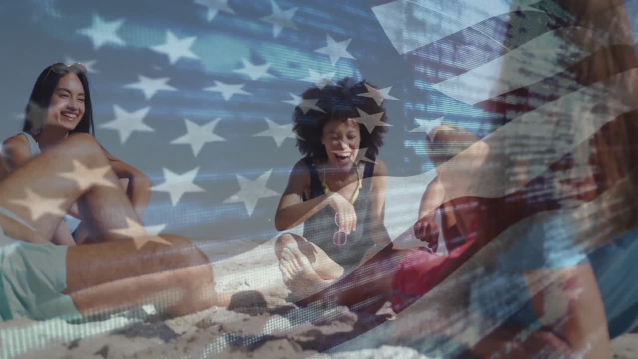 American flag overlay animation with people having fun on beach day