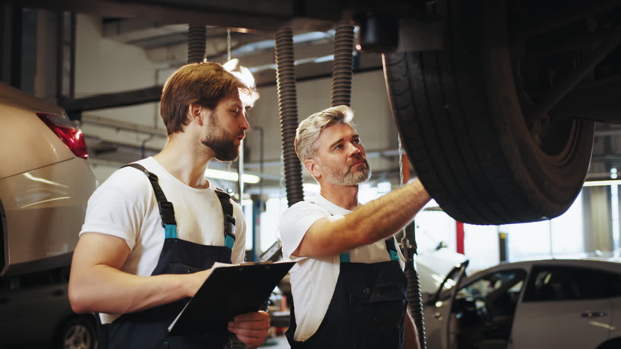 mecánico de automóviles inspeccionando un neumático