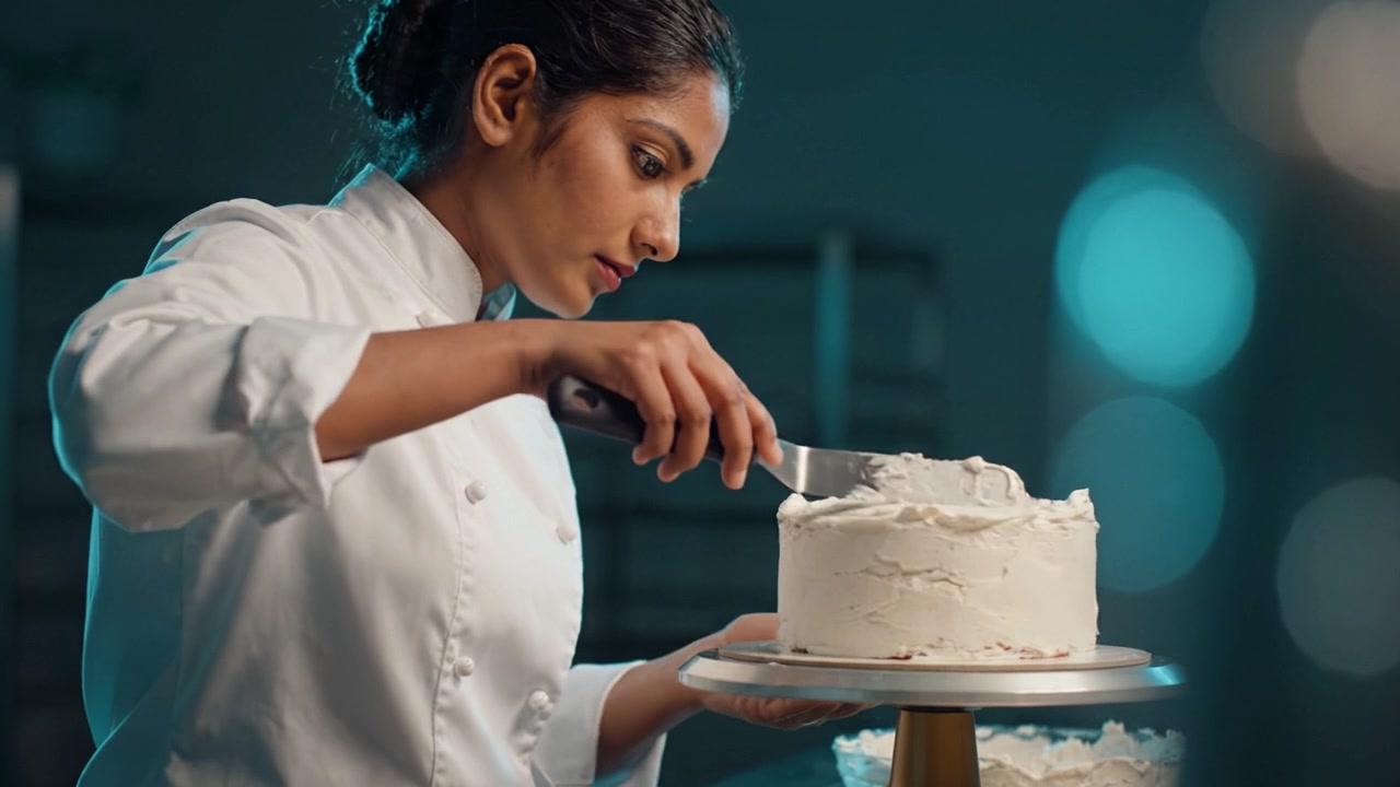 Una pasticcera esperta decora meticolosamente una torta bianca in un ambiente di cucina sereno, mettendo in mostra la sua attenzione ai dettagli e la passione per l'arte della pasticceria.