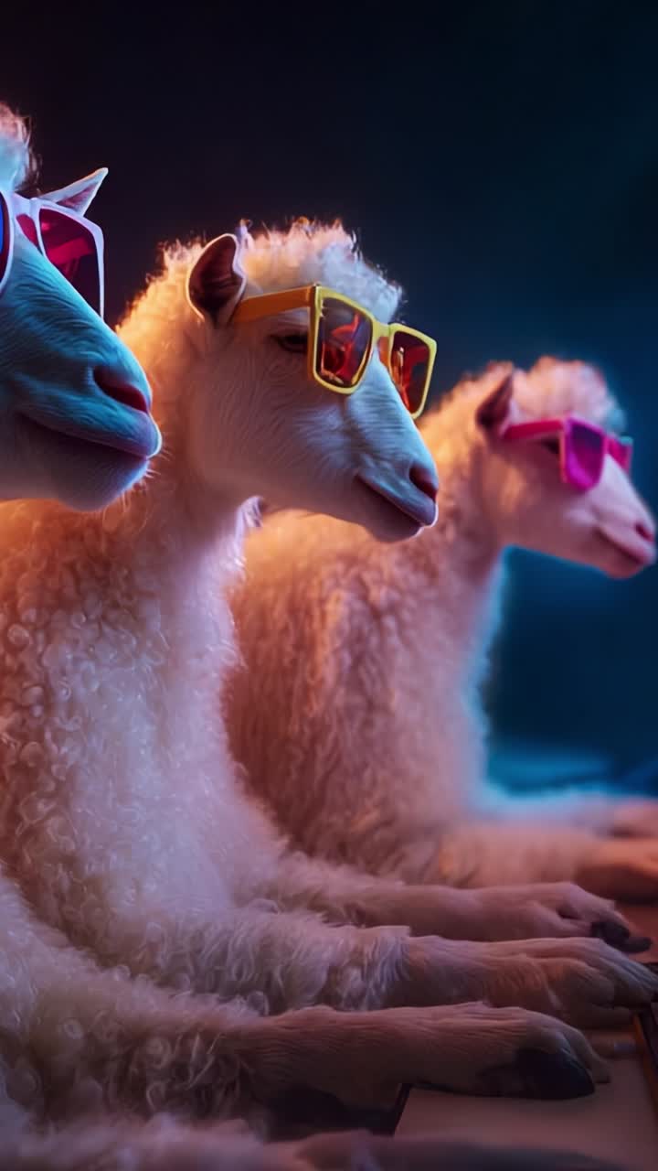 Três ovelhas estilosas usando óculos de sol coloridos curtindo uma vibe divertida e retrô enquanto participam de uma atividade criativa sob iluminação vibrante