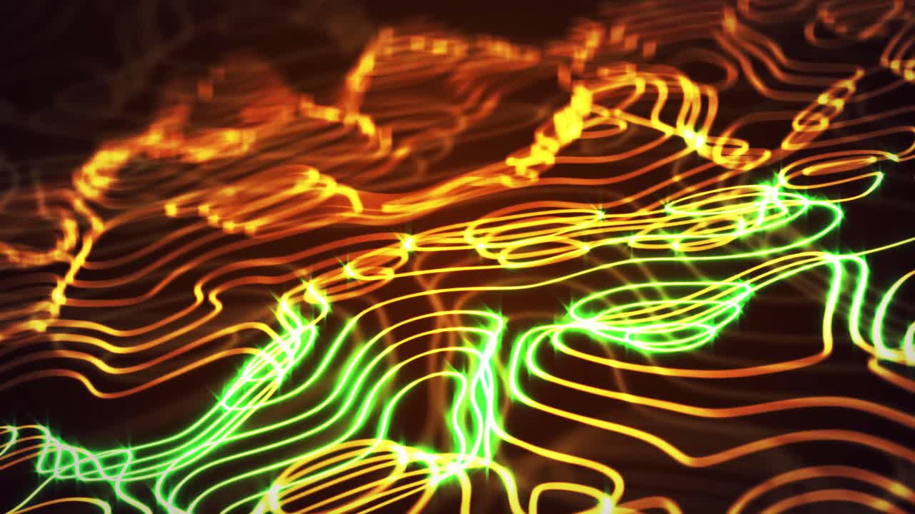animación de capas de líneas de contorno brillantes amarillas y verdes que se mueven sobre un fondo oscuro