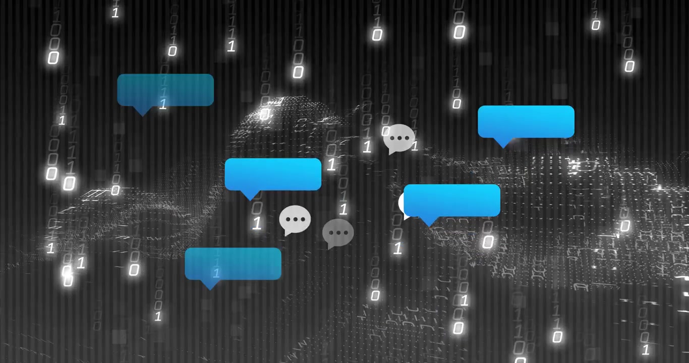 Speech bubble fading into view starting binary rain and bubbles forming then fading for chat flow