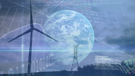 animation of wind turbine turning, planet earth and stock exchange graph increasing and decreasing