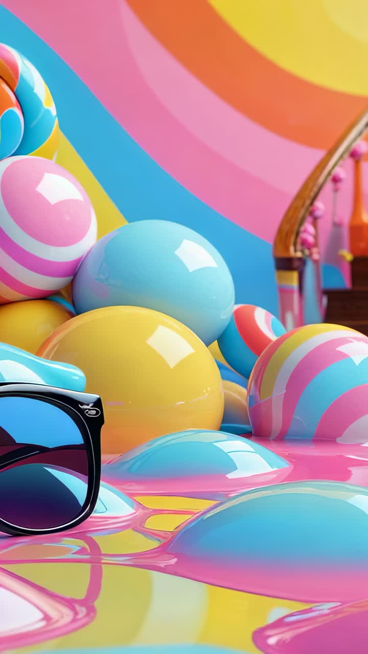 Vertical video: Opening shot starting camera panning spheres shades in pool revealing staircase