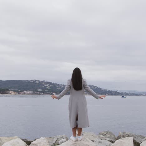 woman standing on edge of beach