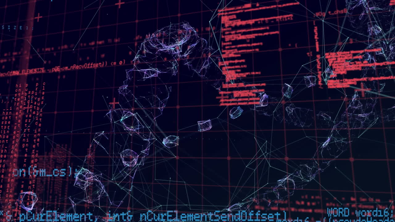 Animation of 3d dna strand spinning and scientific data processing over grid in background