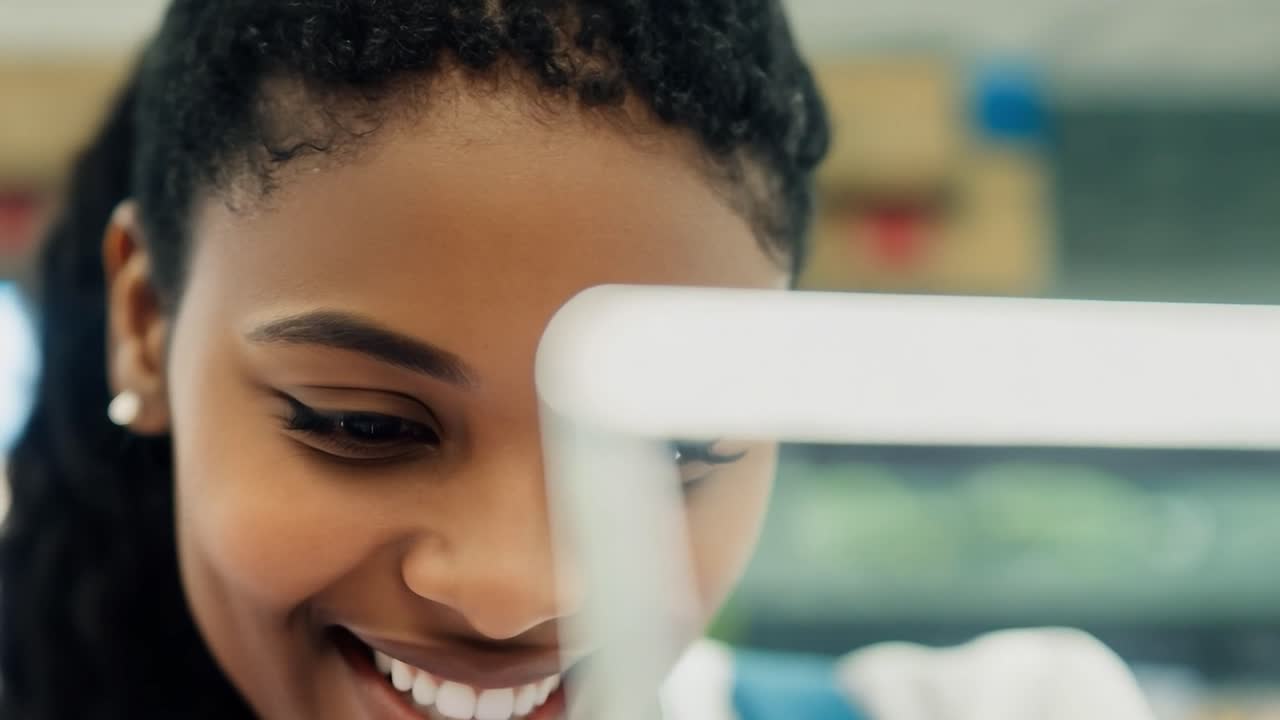 Smiling african female cashier scanning groceries at a supermarket checkout, providing friendly customer service