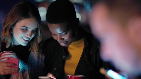 woman, friends and phone at night in social media