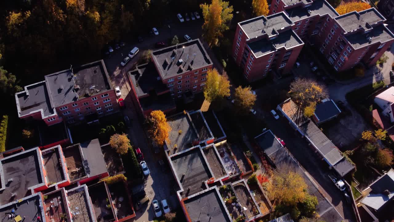 AERIAL Fly-by over the Rooftops of a Residential Area in Antakalnis District, Vilnius, Lithuania during Autumn