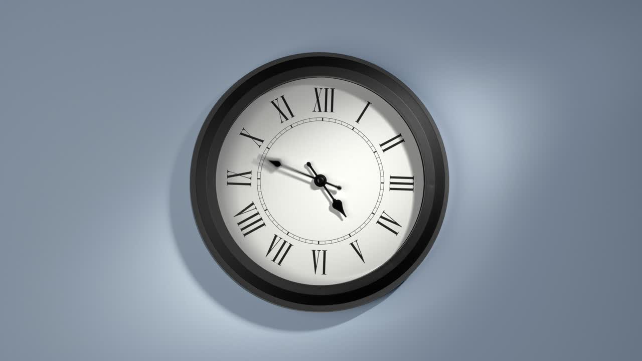 Latin Clock Face on Light Blue Wall in Time Lapse