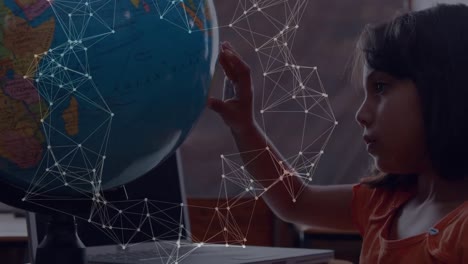 Animation-of-network-of-connections-over-caucasian-girl-touching-a-globe-model-at-school