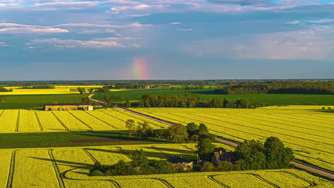 golden crop fields at sunset, rainbow in distance, peaceful rural summer timelapse