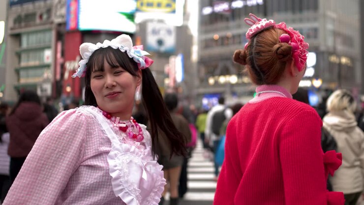 Due donne in vivace stile decora ballano e ridono all'affollato incrocio di Shibuya.