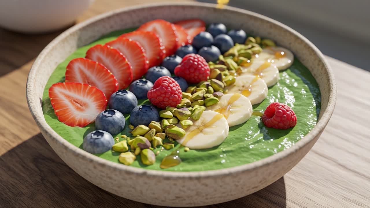 Vibrant Healthy Smoothie Bowl Garnished with Strawberries, Blueberries, Raspberries, Bananas, and Nuts on a Wooden Surface