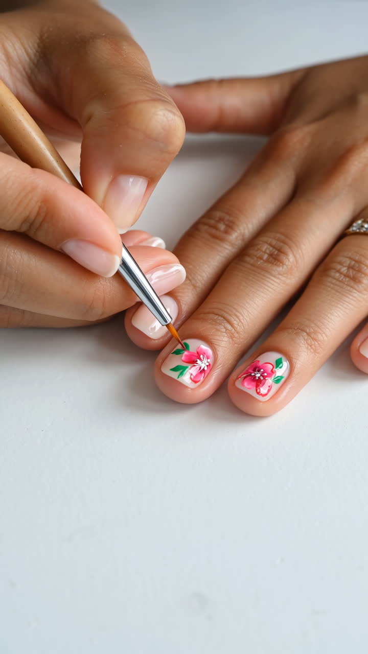 Close-up of hands doing floral nail art design
