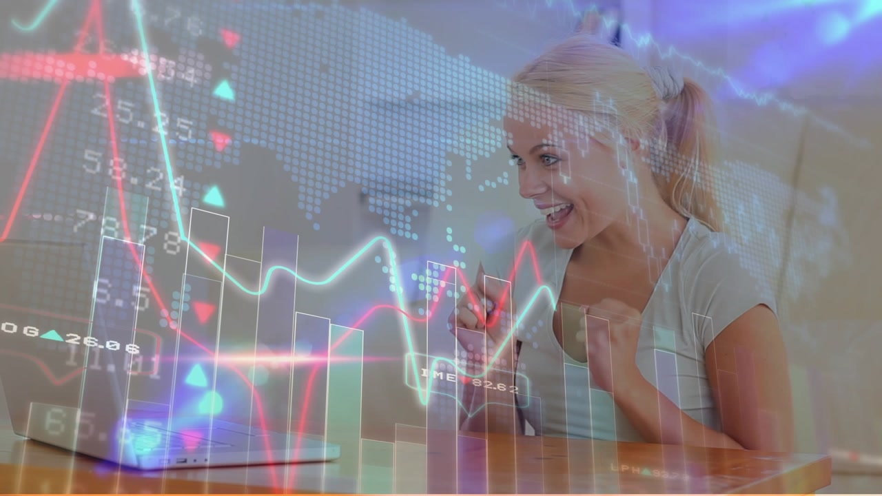 Animation of data processing over caucasian woman smiling and using laptop