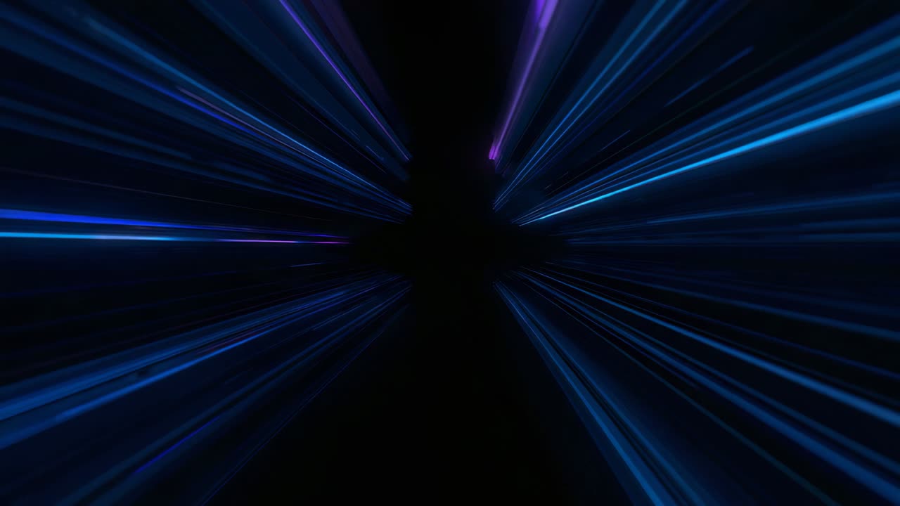 Radiating neon-blue beams elongating around center dark void as pulse rising, purple accent fading