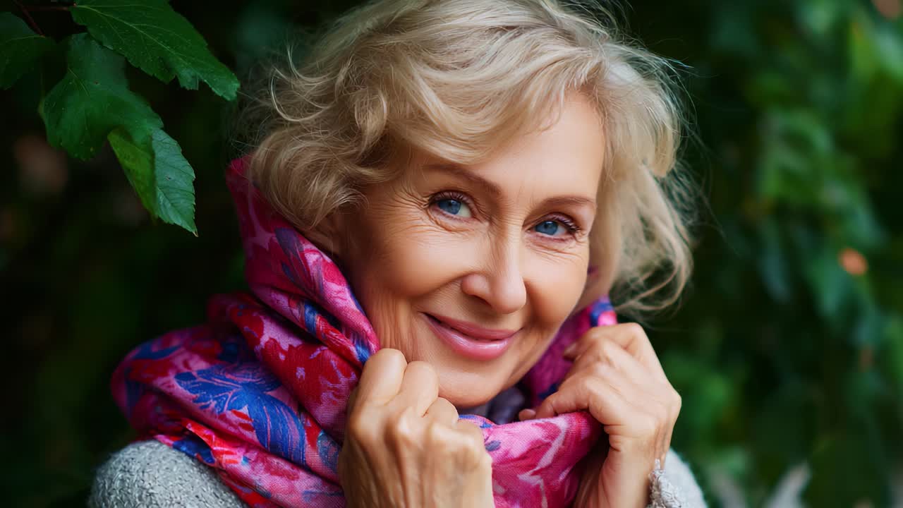 Una donna matura e allegra, con capelli ricci e vivaci occhi azzurri, avvolta in un vibrante foulard rosa a fiori, sorride calorosamente mentre è circondata da una lussureggiante vegetazione verde, irradiando positività e fascino in un sereno ambiente esterno