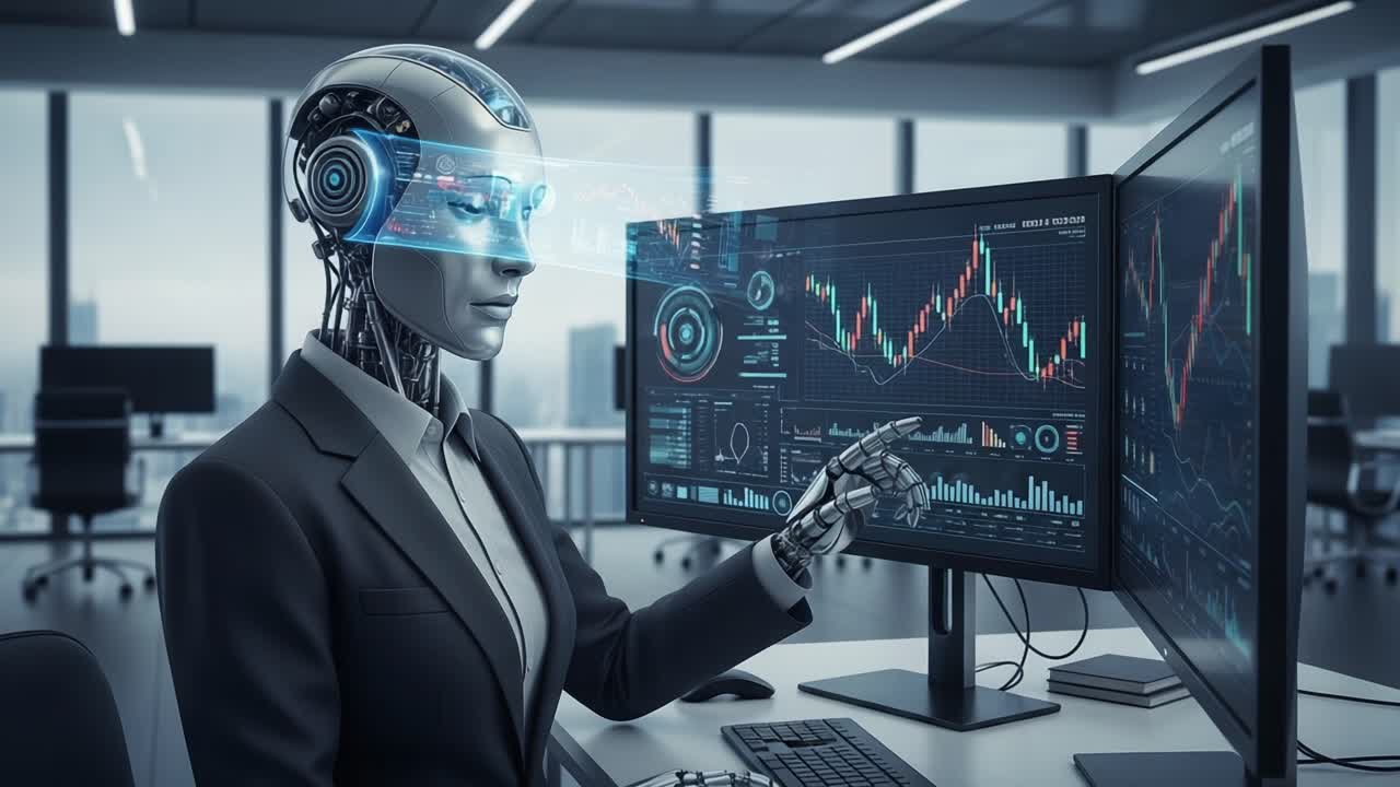 A Futuristic Android Analyzing Data on Advanced Financial Graphs and Metrics in a Sleek Corporate Environment with High-Tech Displays