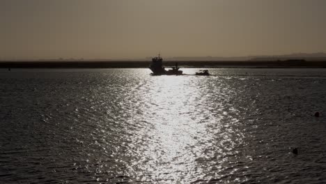 fishing boats leaving and entering the harbor at sunset