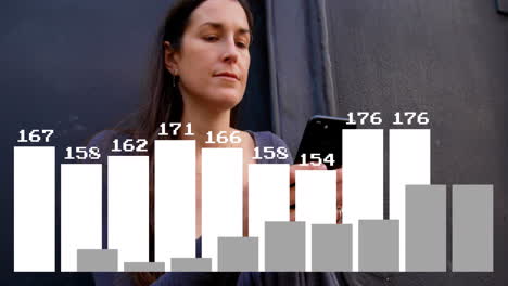 animation of data processing over caucasian woman using smartphone