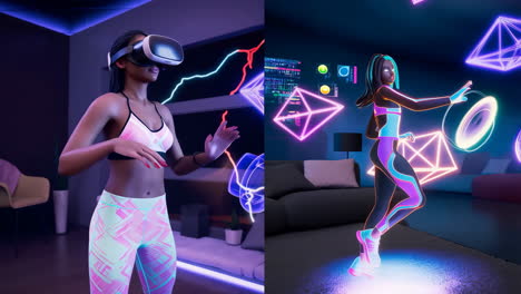 woman and avatar navigating a neon-lit virtual reality metaverse