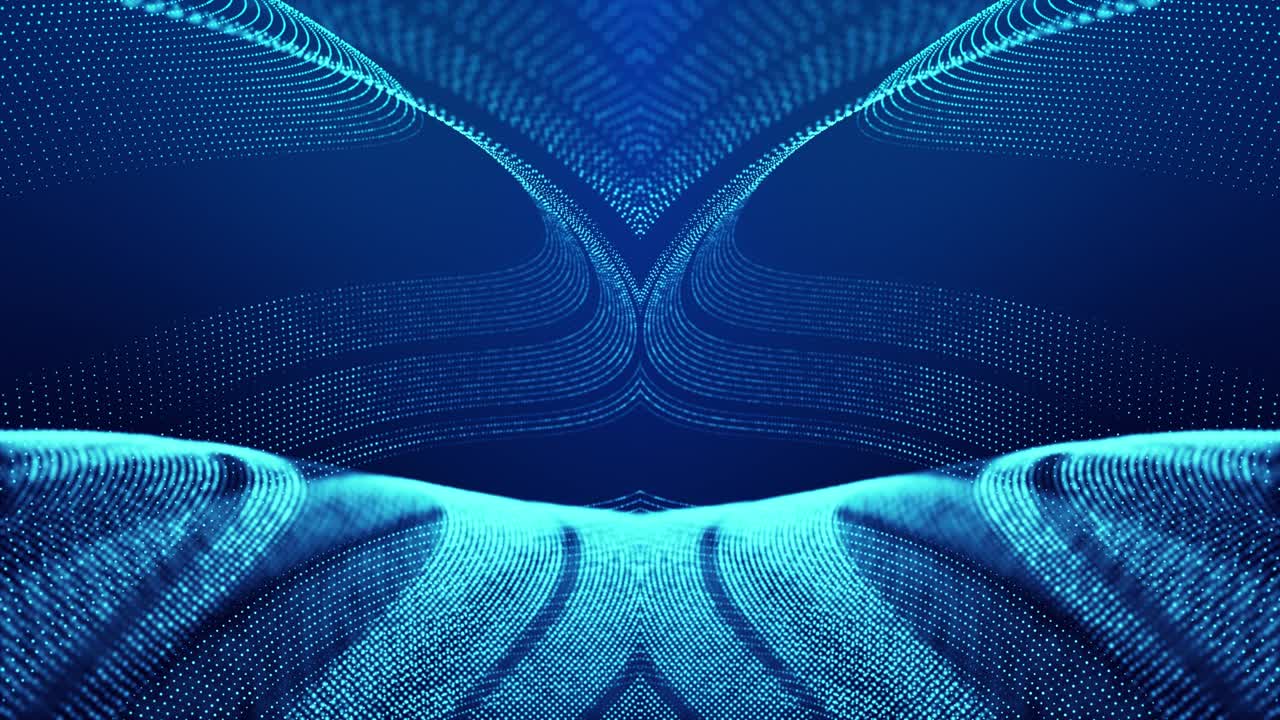 Sci-fi abstract theme with particle mirror waves. 4k looped abstract blue background of glow particles form curved lines, surfaces simmetrical structures. Digital bg with particle hologram.