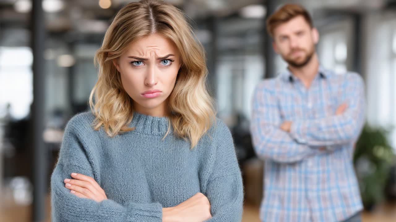 Emotional Tension: A Woman's Frustration and a Man's Detachment in a Modern Workspace, Captured Over Time