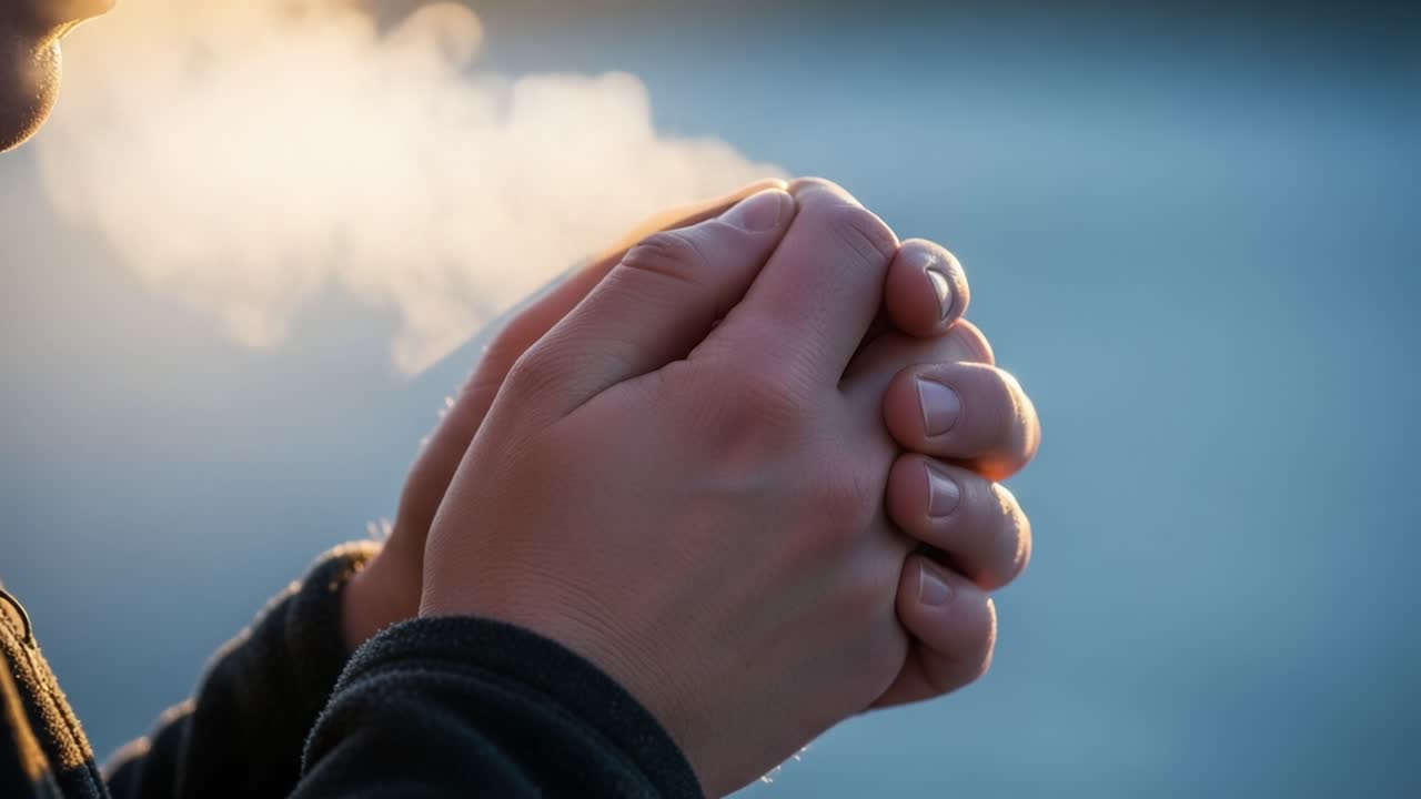 A Serene Moment of Reflection: Capturing the Beauty of Warmth in Cold Air as Hands Gently Release Breath in a Peaceful Outdoor Setting