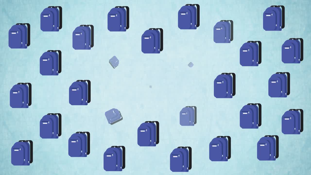 animación digital de múltiples iconos de bolsos escolares y libros contra un fondo azul