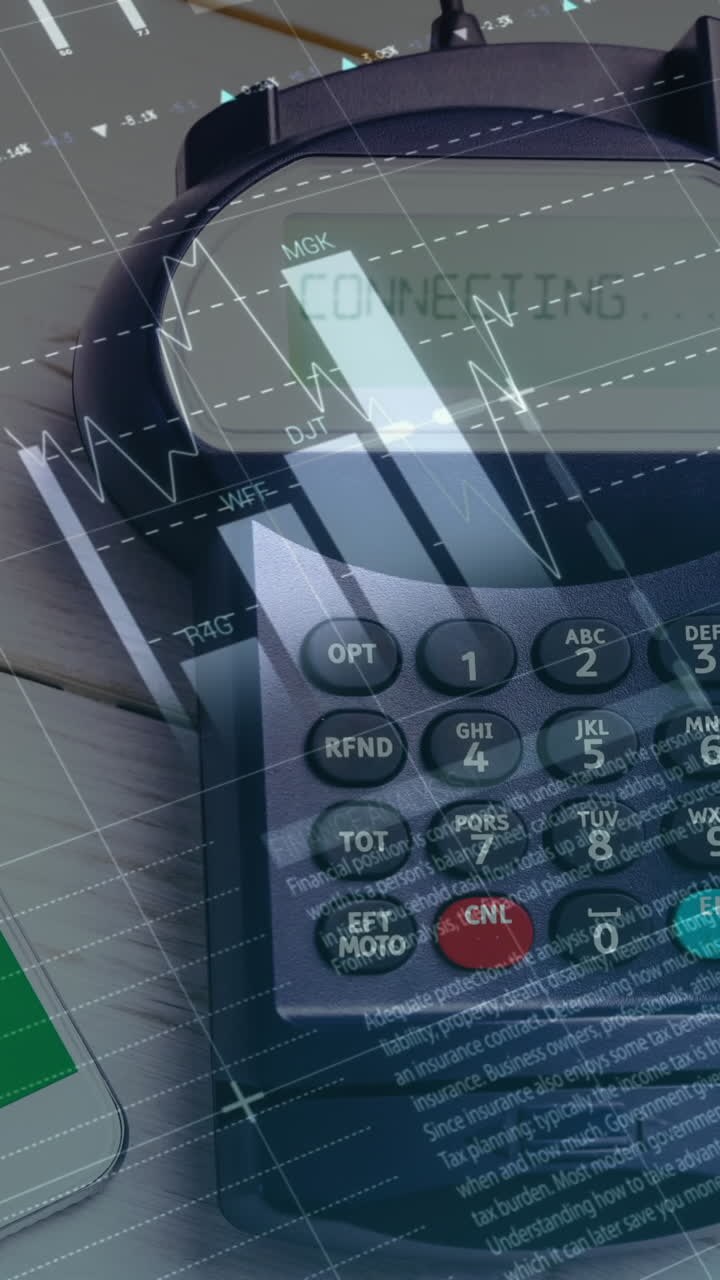 Animation of financial data processing over payment terminal and smartphone