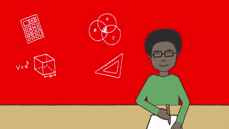 la animación de los iconos de la escuela sobre el escolar afroamericano.