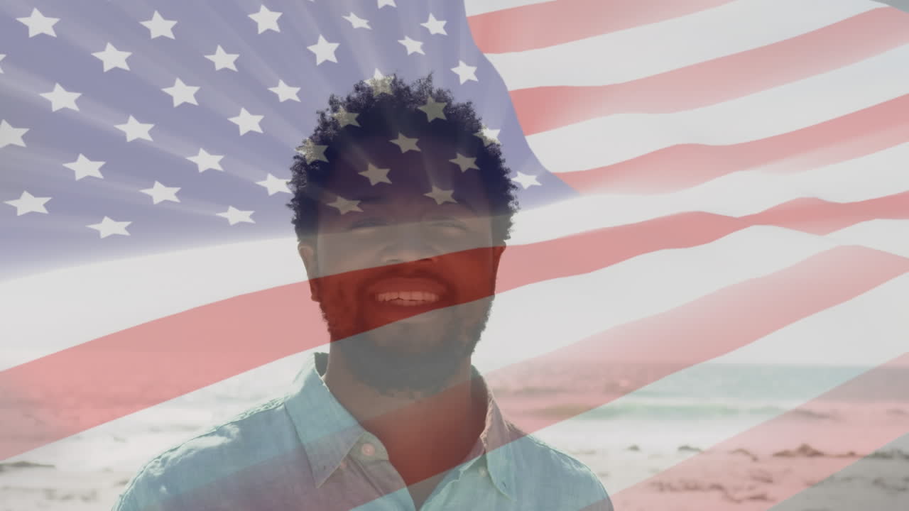 Animazione di un uomo afroamericano felice sulla bandiera degli Stati Uniti