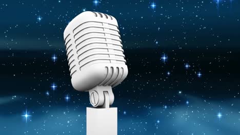 Animation-of-stars-falling-and-glowing-lights-over-microphone-on-dark-background