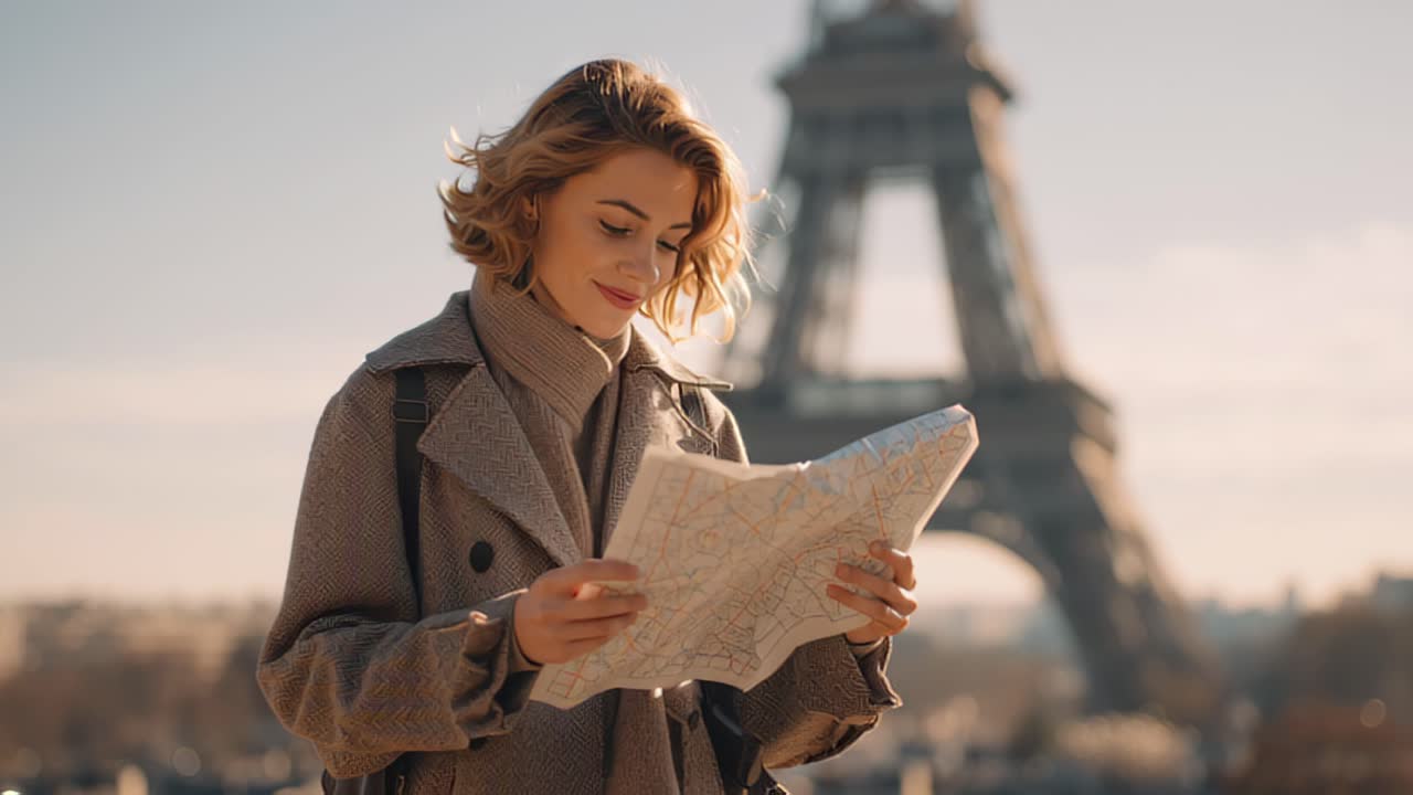 Filmato di una giovane turista con un cappotto caldo che legge una mappa cartacea all'aperto con la Torre Eiffel sfocata sullo sfondo, Parigi, Francia, concetto di pianificazione di viaggio