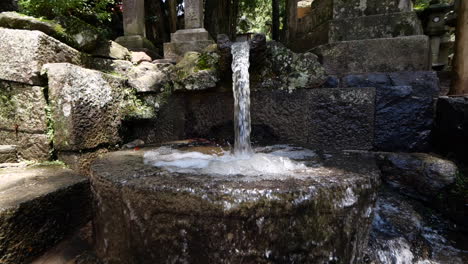 water falling into stone bowl at shrine in japan
