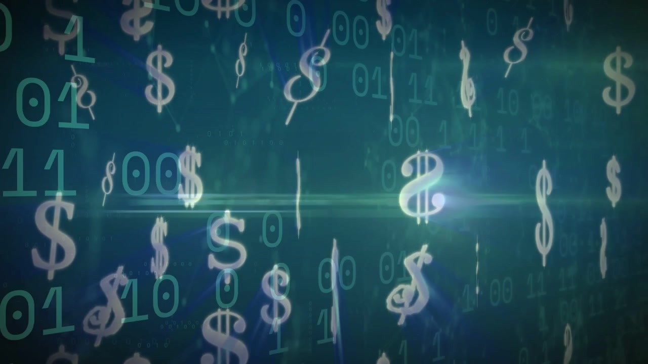 Bagliore di luce pulsante con simboli del dollaro che fluttuano, ruotano e si ridimensionano su codice binario, visualizzando la finanza.