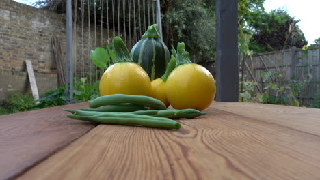 verduras orgánicas de cosecha propia cosechadas y exhibidas en una plataforma de madera