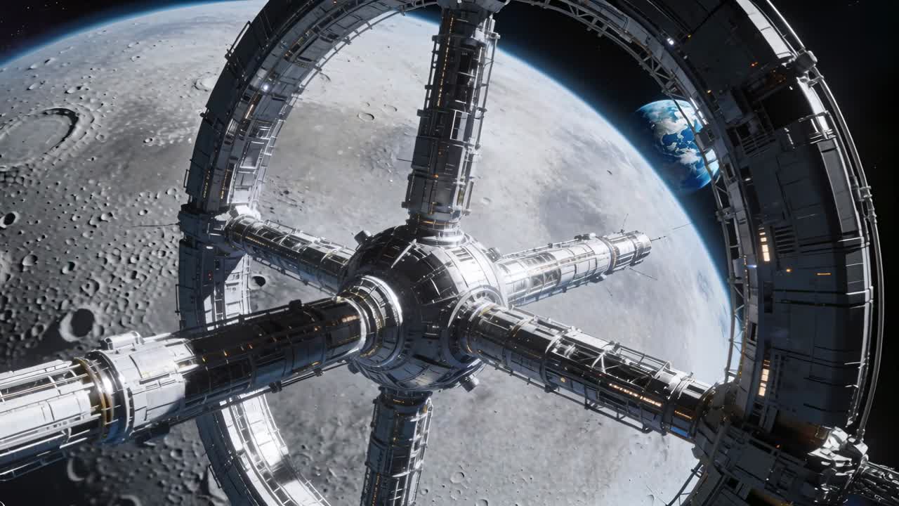 Telecamera che si allontana mostrando una stazione rotante sopra la Luna, evidenziando finestre e moli per la tecnologia spaziale.